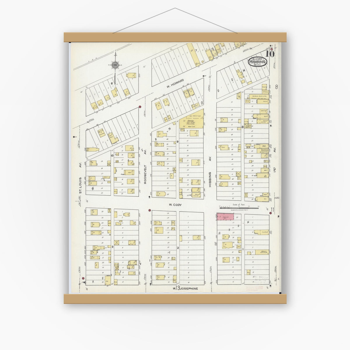 Old map wall art mockup — magnetic wood frame on white wall — Sanborn Fire Insurance Map from Hibbing, Saint Louis County, Minnesota (1921), Sheet #0010