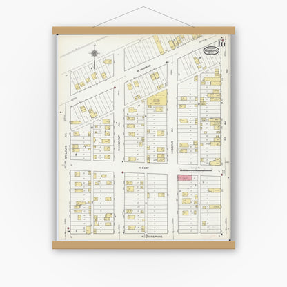 Old map wall art mockup — magnetic wood frame on white wall — Sanborn Fire Insurance Map from Hibbing, Saint Louis County, Minnesota (1921), Sheet #0010