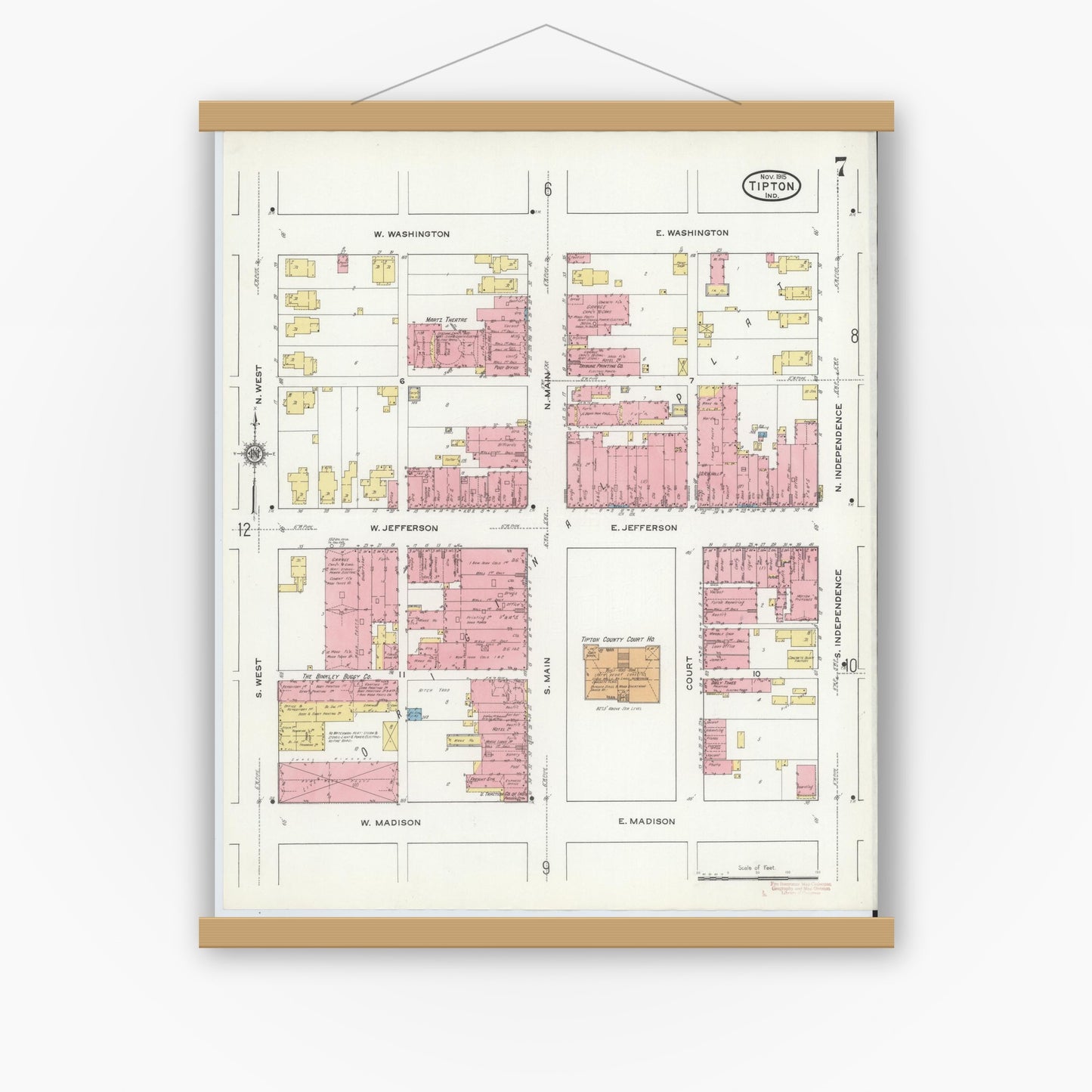 Old map wall art mockup — magnetic wood frame on white wall — Sanborn Fire Insurance Map from Tipton, Tipton County, Indiana (1915), Sheet #0007