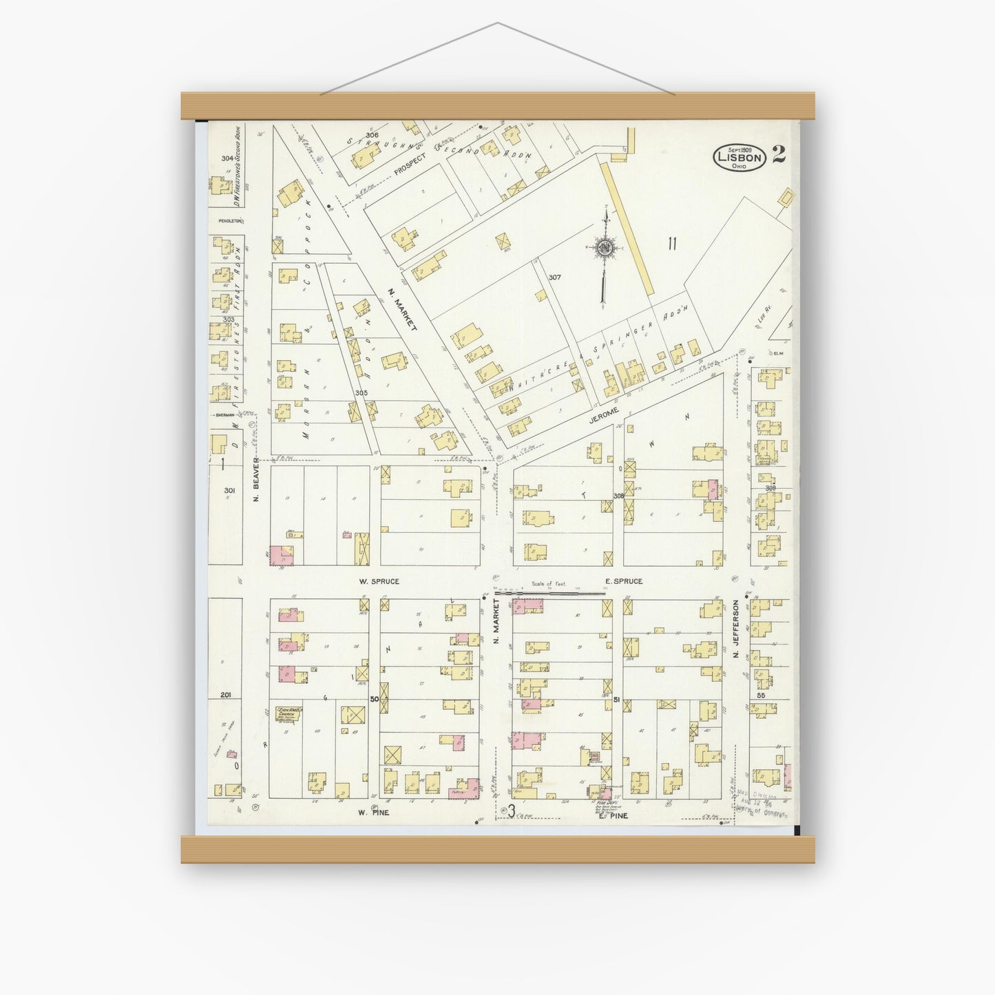 Old map wall art mockup — magnetic wood frame on white wall — Sanborn Fire Insurance Map from Lisbon, Columbiana County, Ohio (1909), Sheet #0002