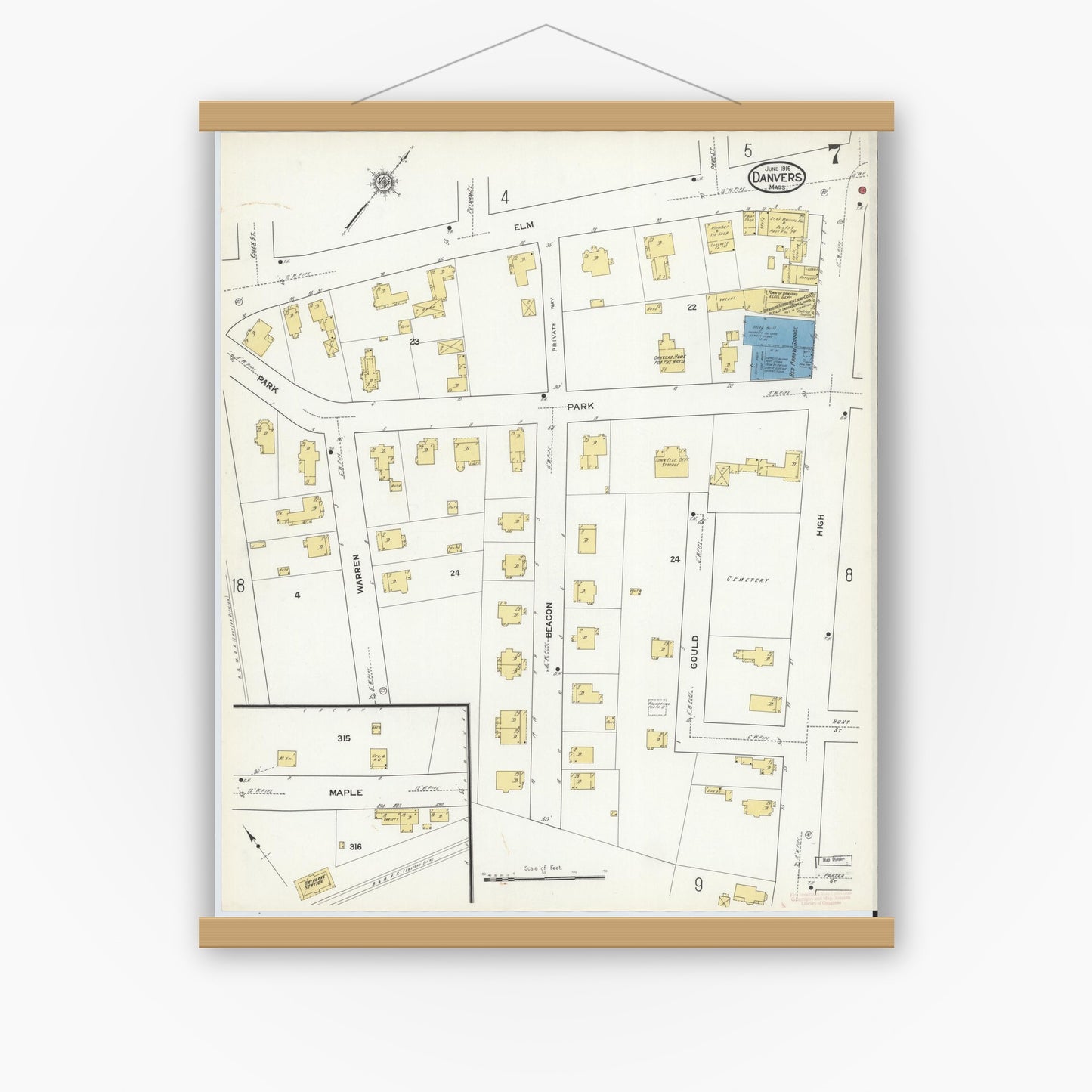 Old map wall art mockup — magnetic wood frame on white wall — Sanborn Fire Insurance Map from Danvers, Essex County, Massachusetts (1916), Sheet #0007