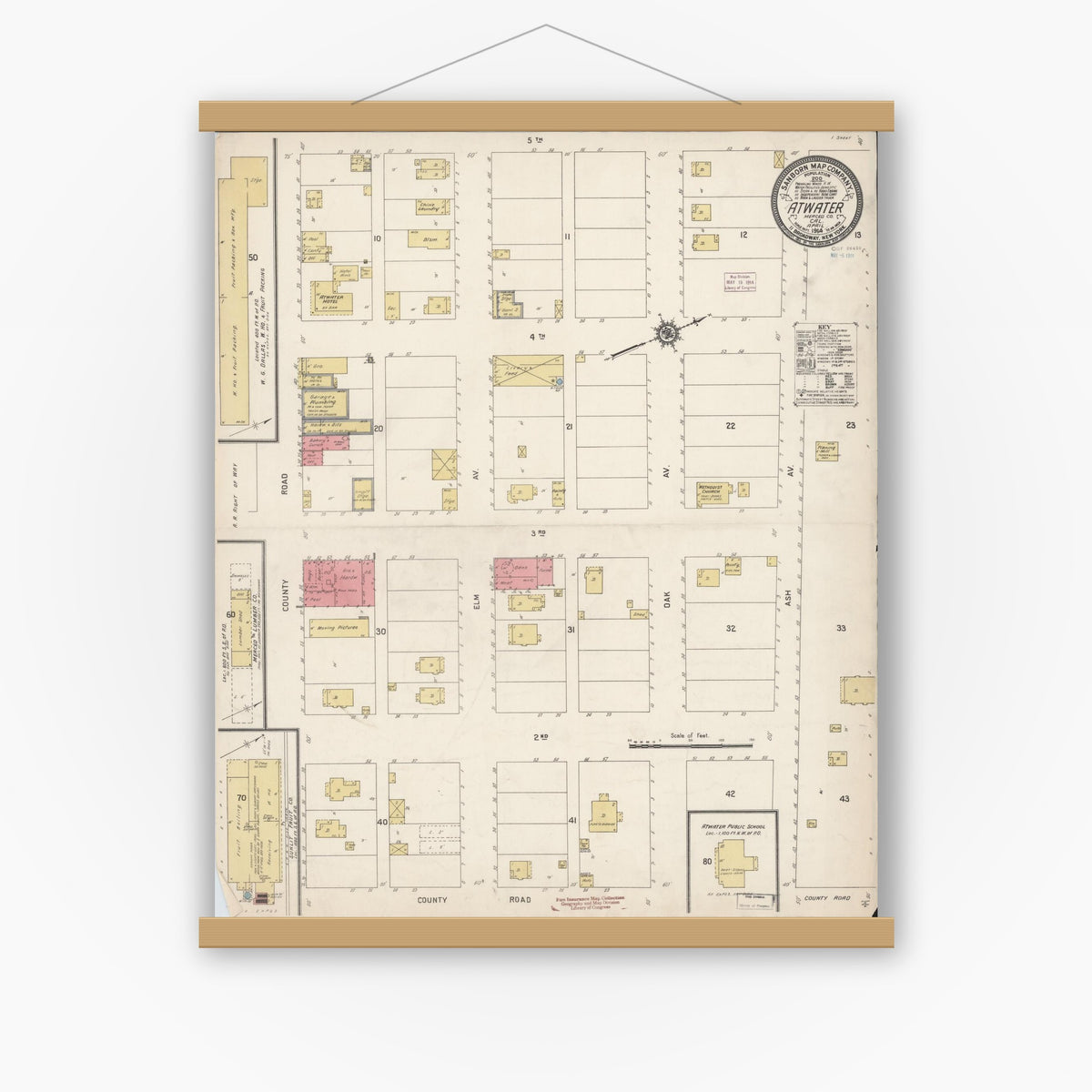 Old map wall art mockup — magnetic wood frame on white wall — Sanborn Fire Insurance Map from Atwater, Merced County, California (1914), Sheet #0001