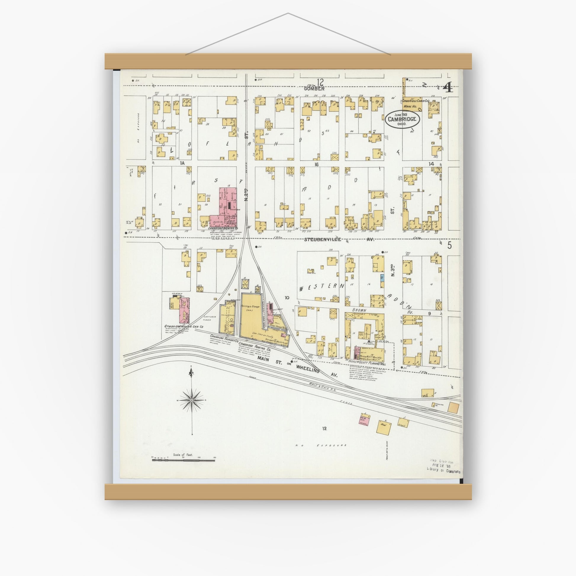 Old map wall art mockup — magnetic wood frame on white wall — Sanborn Fire Insurance Map from Cambridge, Guernsey County, Ohio (1901), Sheet #0004