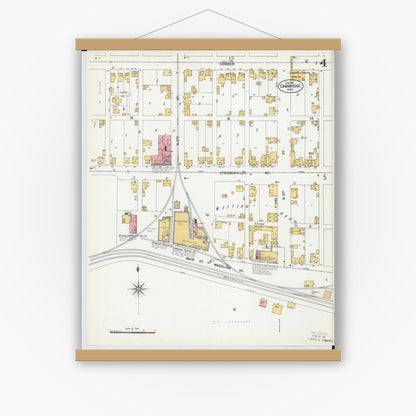 Old map wall art mockup — magnetic wood frame on white wall — Sanborn Fire Insurance Map from Cambridge, Guernsey County, Ohio (1901), Sheet #0004