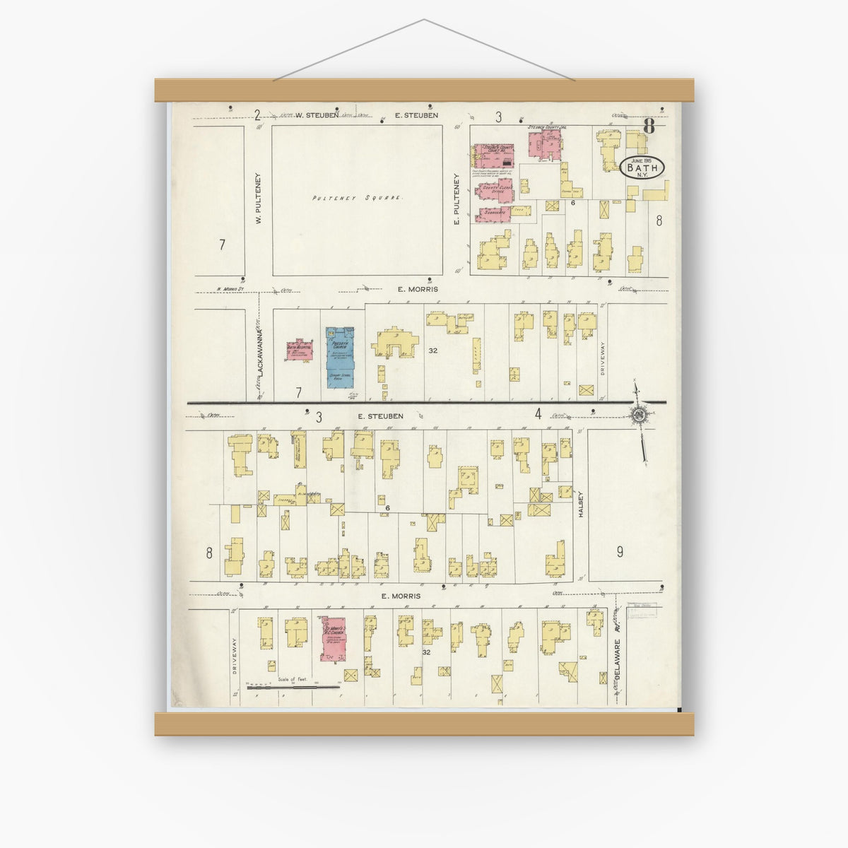 Old map wall art mockup — magnetic wood frame on white wall — Sanborn Fire Insurance Map from Bath, Steuben County, New York (1915), Sheet #0008