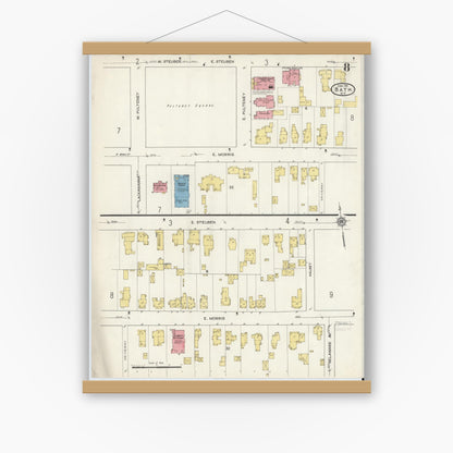 Old map wall art mockup — magnetic wood frame on white wall — Sanborn Fire Insurance Map from Bath, Steuben County, New York (1915), Sheet #0008