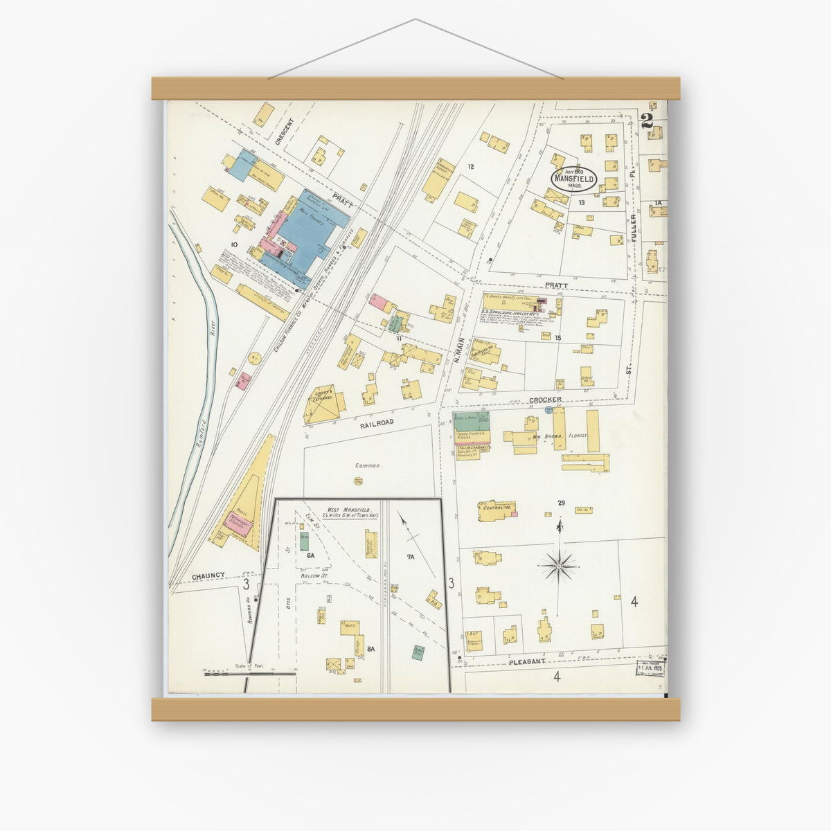 Old map wall art mockup — magnetic wood frame on white wall — Sanborn Fire Insurance Map from Mansfield, Bristol County, Massachusetts (1903), Sheet #0002