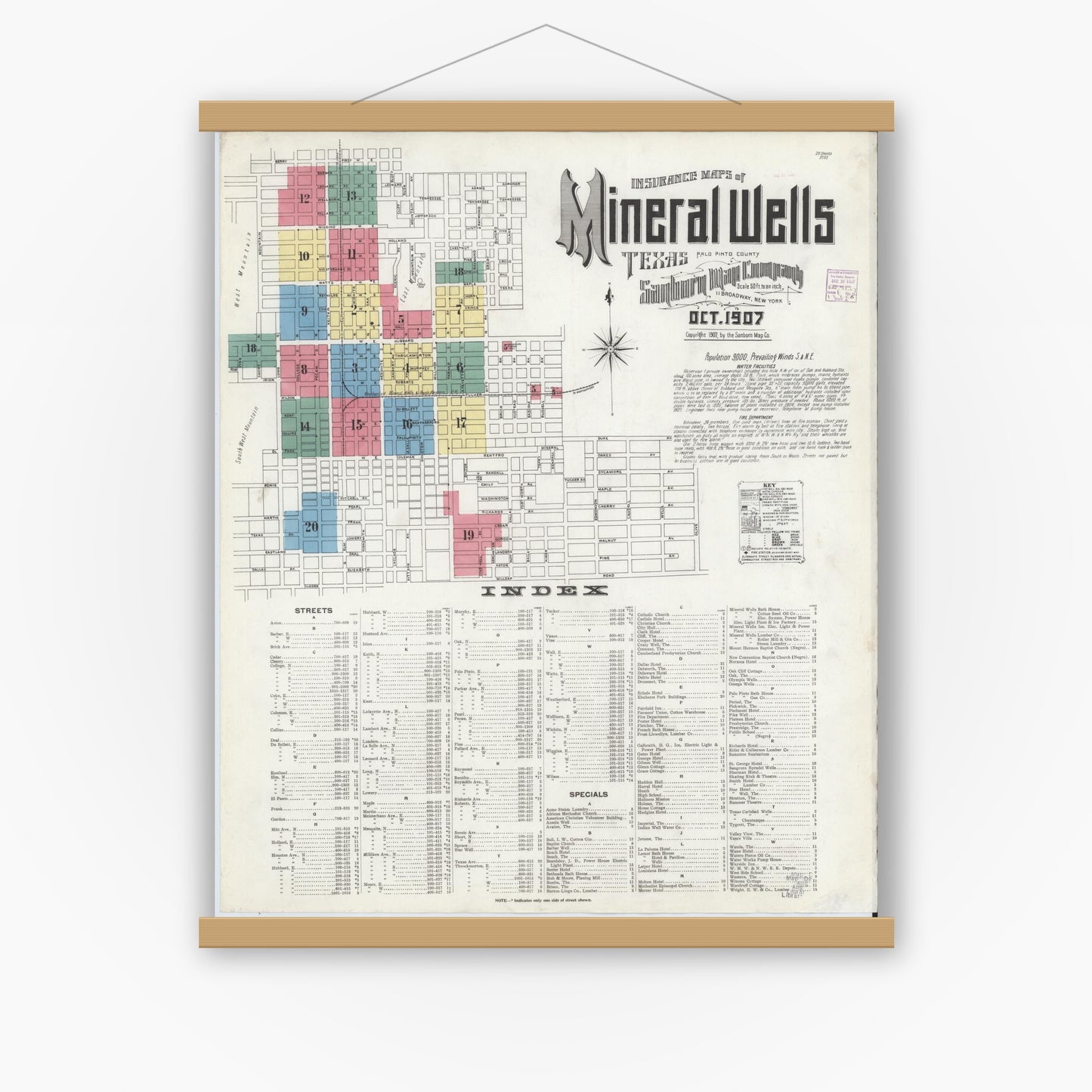 Old map wall art mockup — magnetic wood frame on white wall — Sanborn Fire Insurance Map from Mineral Wells, Palo Pinto County, Texas (1907), Sheet #0001