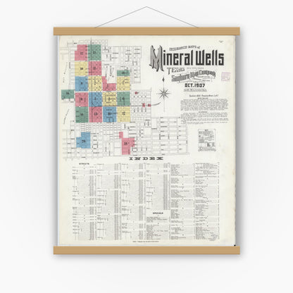 Old map wall art mockup — magnetic wood frame on white wall — Sanborn Fire Insurance Map from Mineral Wells, Palo Pinto County, Texas (1907), Sheet #0001