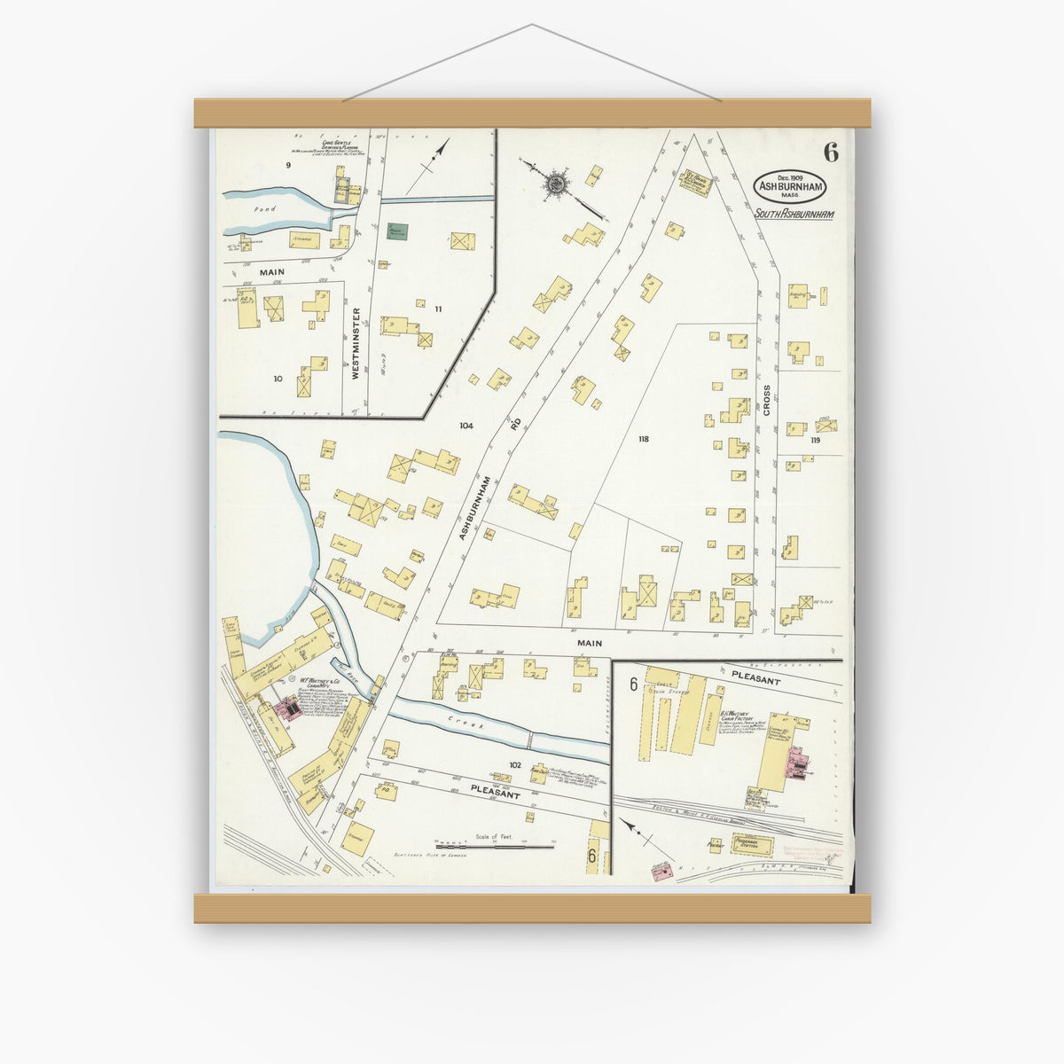 Old map wall art mockup — magnetic wood frame on white wall — Sanborn Fire Insurance Map from Ashburnham, Worcester County, Massachusetts (1909), Sheet #0006