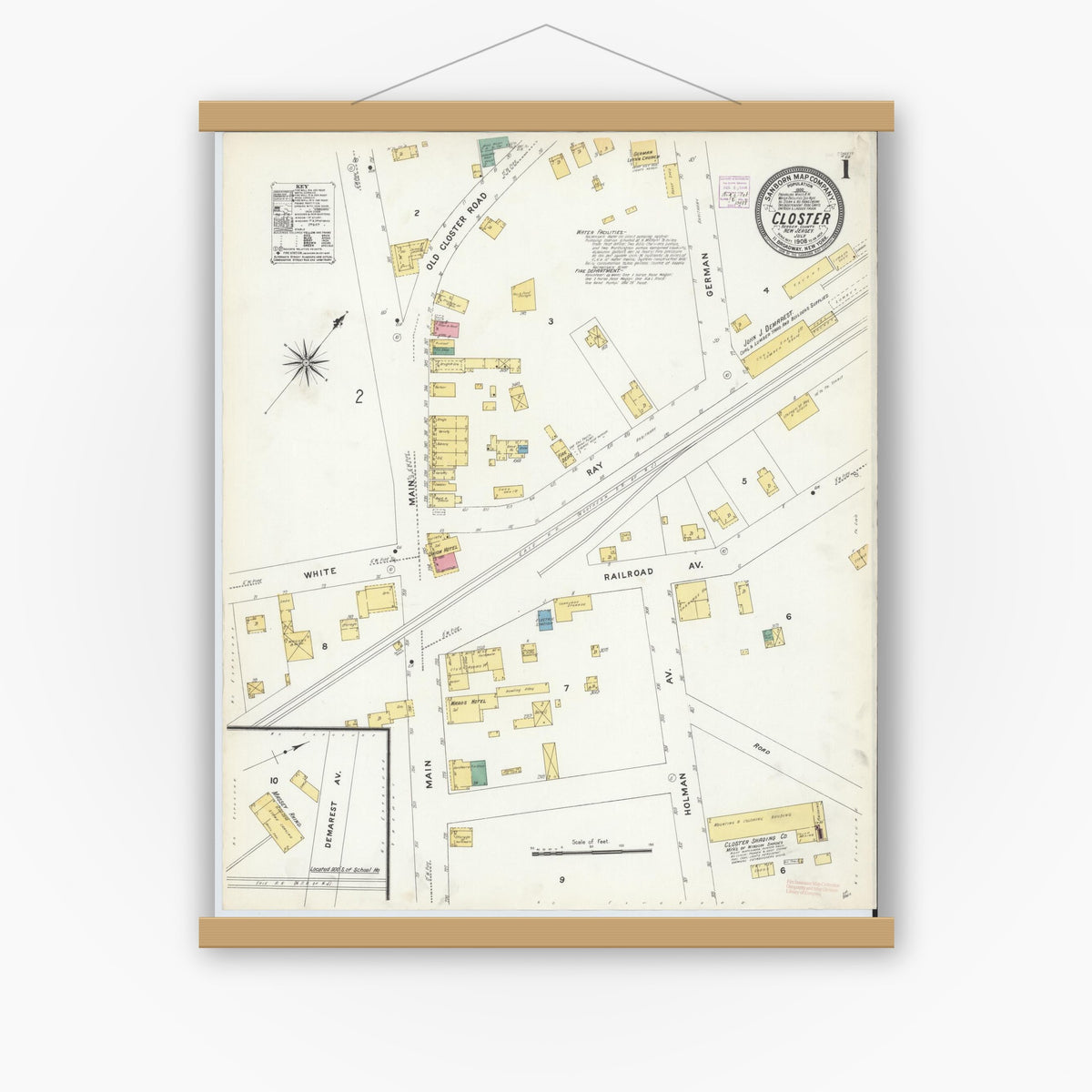Old map wall art mockup — magnetic wood frame on white wall — Sanborn Fire Insurance Map from Closter, Bergen County, New Jersey (1908) - Complete Map Set
