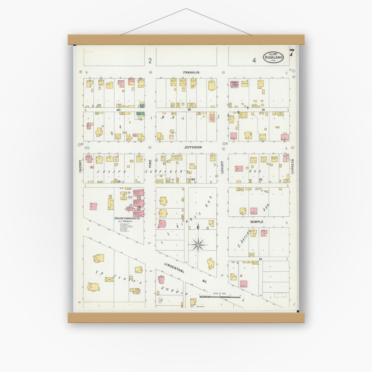 Old map wall art mockup — magnetic wood frame on white wall — Sanborn Fire Insurance Map from Highland, Madison County, Illinois (1899), Sheet #0007