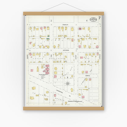 Old map wall art mockup — magnetic wood frame on white wall — Sanborn Fire Insurance Map from Highland, Madison County, Illinois (1899), Sheet #0007