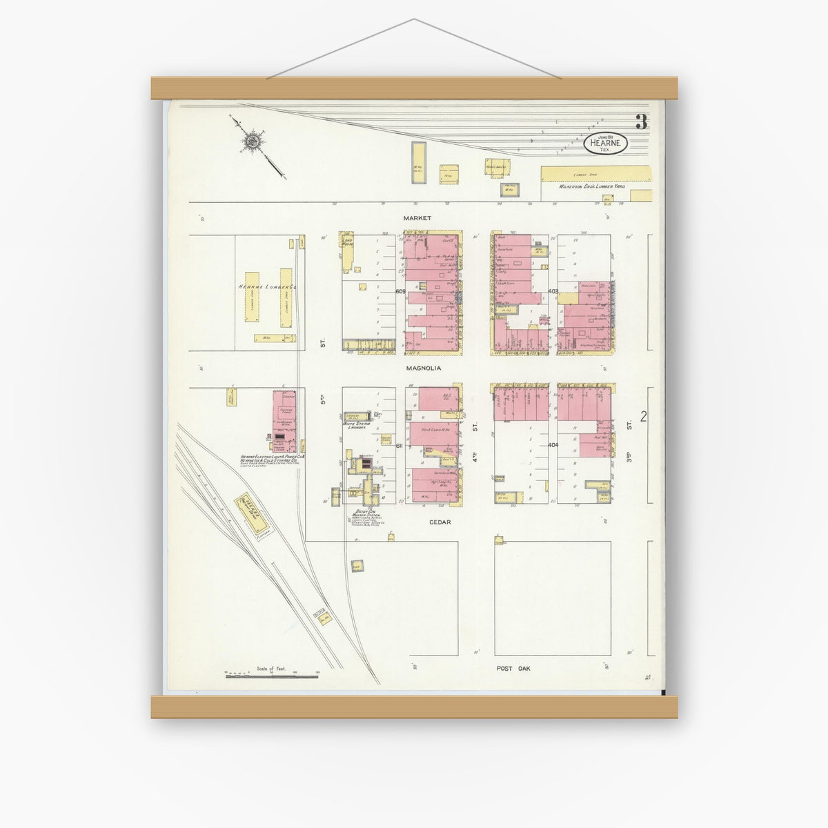 Old map wall art mockup — magnetic wood frame on white wall — Sanborn Fire Insurance Map from Hearne, Robertson County, Texas (1911), Sheet #0003