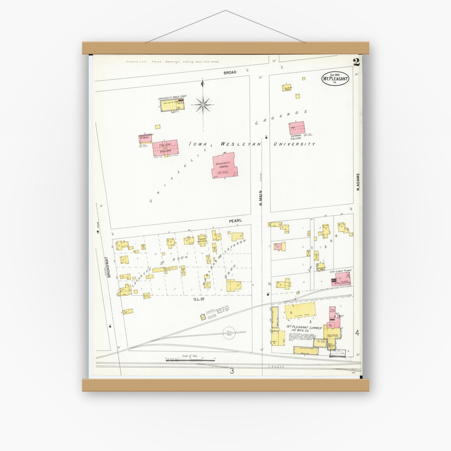Old map wall art mockup — magnetic wood frame on white wall — Sanborn Fire Insurance Map from Mount Pleasant, Henry County, Iowa (1899), Sheet #0002