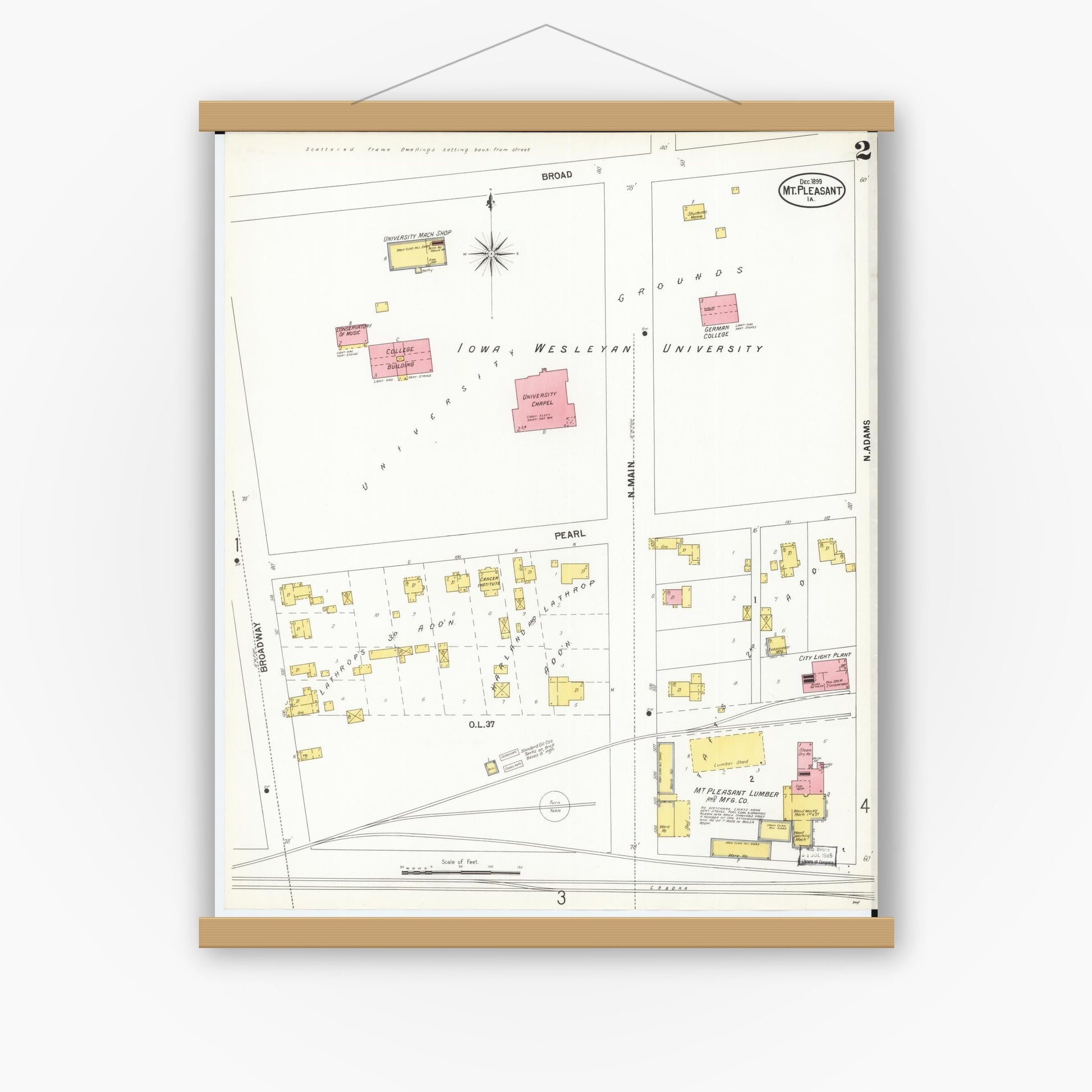 Old map wall art mockup — magnetic wood frame on white wall — Sanborn Fire Insurance Map from Mount Pleasant, Henry County, Iowa (1899), Sheet #0002