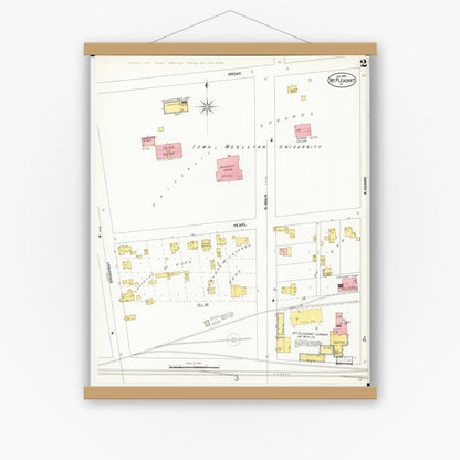 Old map wall art mockup — magnetic wood frame on white wall — Sanborn Fire Insurance Map from Mount Pleasant, Henry County, Iowa (1899), Sheet #0002