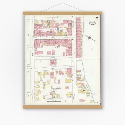 Old map wall art mockup — magnetic wood frame on white wall — Sanborn Fire Insurance Map from Owego, Tioga County, New York (1910), Sheet #0002