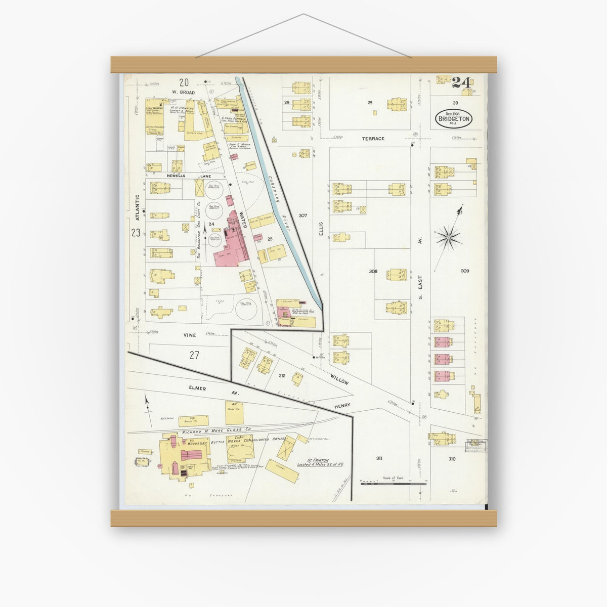 Old map wall art mockup — magnetic wood frame on white wall — Sanborn Fire Insurance Map from Bridgeton, Cumberland County, New Jersey (1908), Sheet #0024