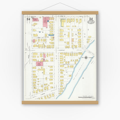 Old map wall art mockup — magnetic wood frame on white wall — Sanborn Fire Insurance Map from Elyria, Lorain County, Ohio (1925), Sheet #0024