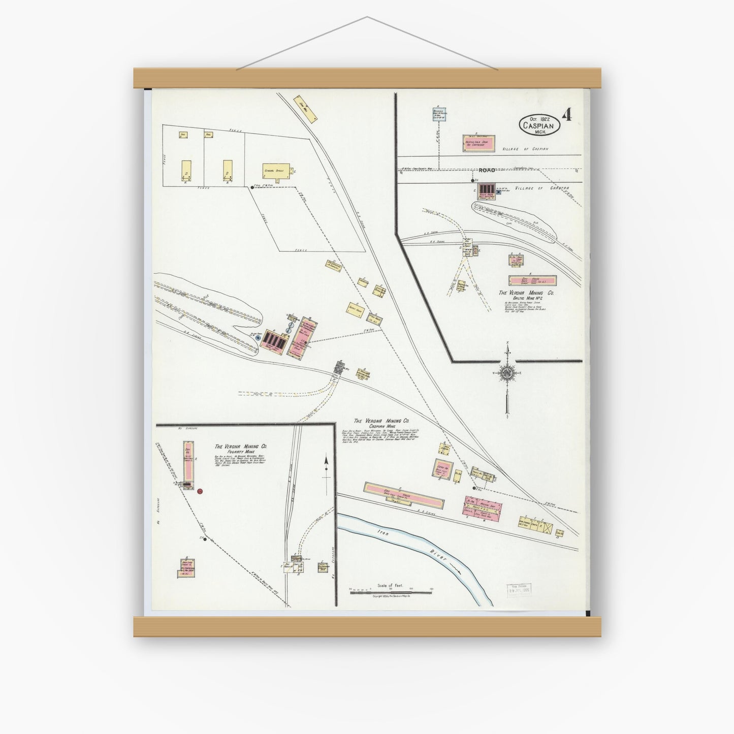 Old map wall art mockup — magnetic wood frame on white wall — Sanborn Fire Insurance Map from Caspian, Iron County, Michigan (1922), Sheet #0004