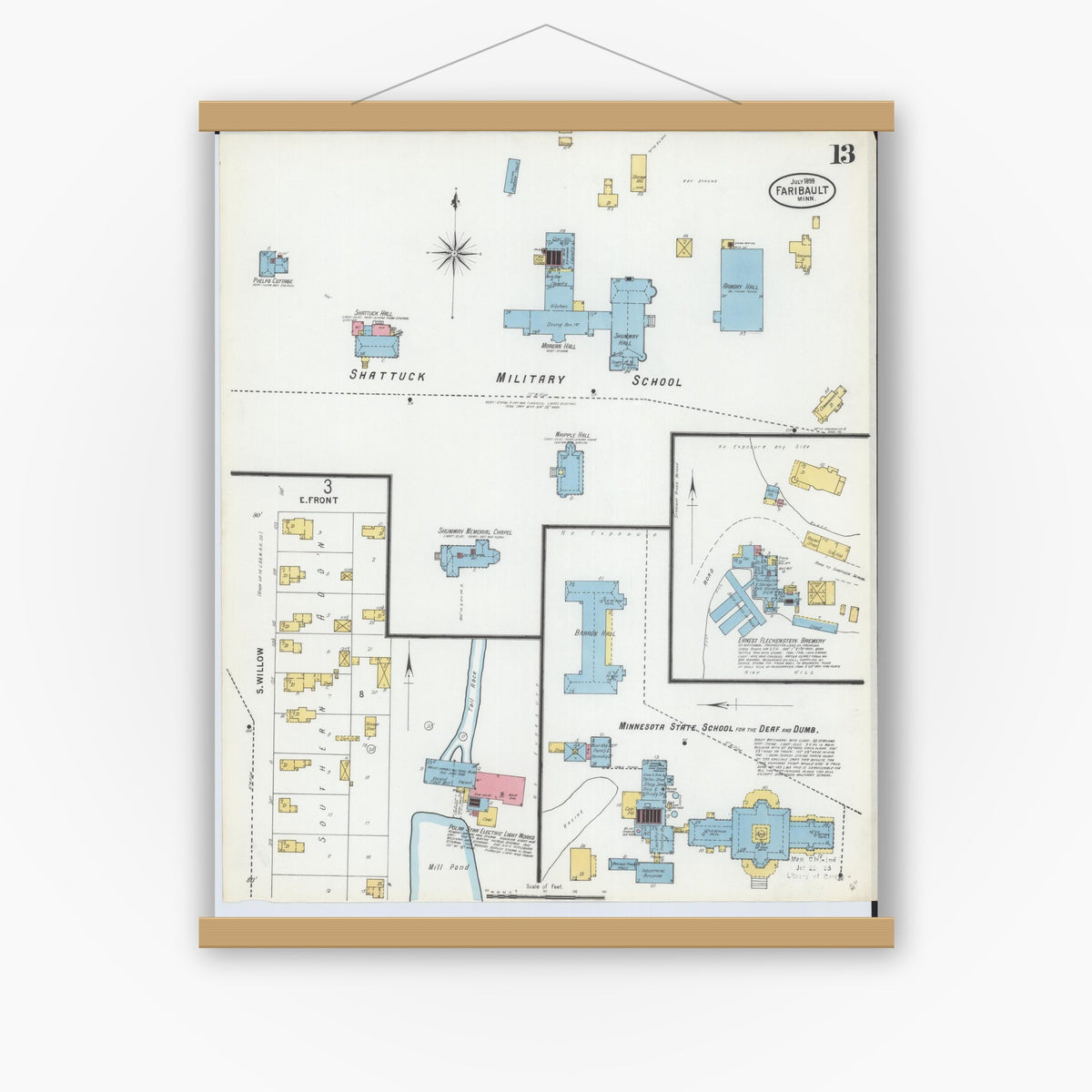 Old map wall art mockup — magnetic wood frame on white wall — Sanborn Fire Insurance Map from Faribault, Rice County, Minnesota (1899), Sheet #0013