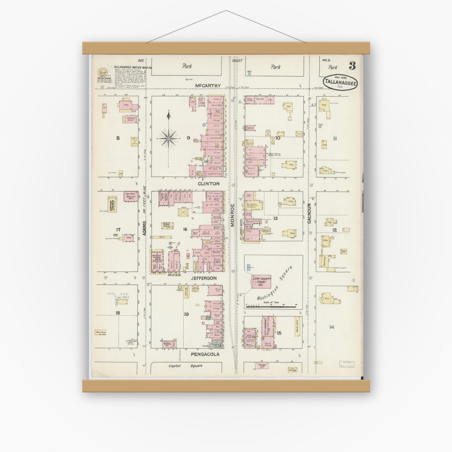 Old map wall art mockup — magnetic wood frame on white wall — Sanborn Fire Insurance Map from Tallahassee, Leon County, Florida (1890), Sheet #0003