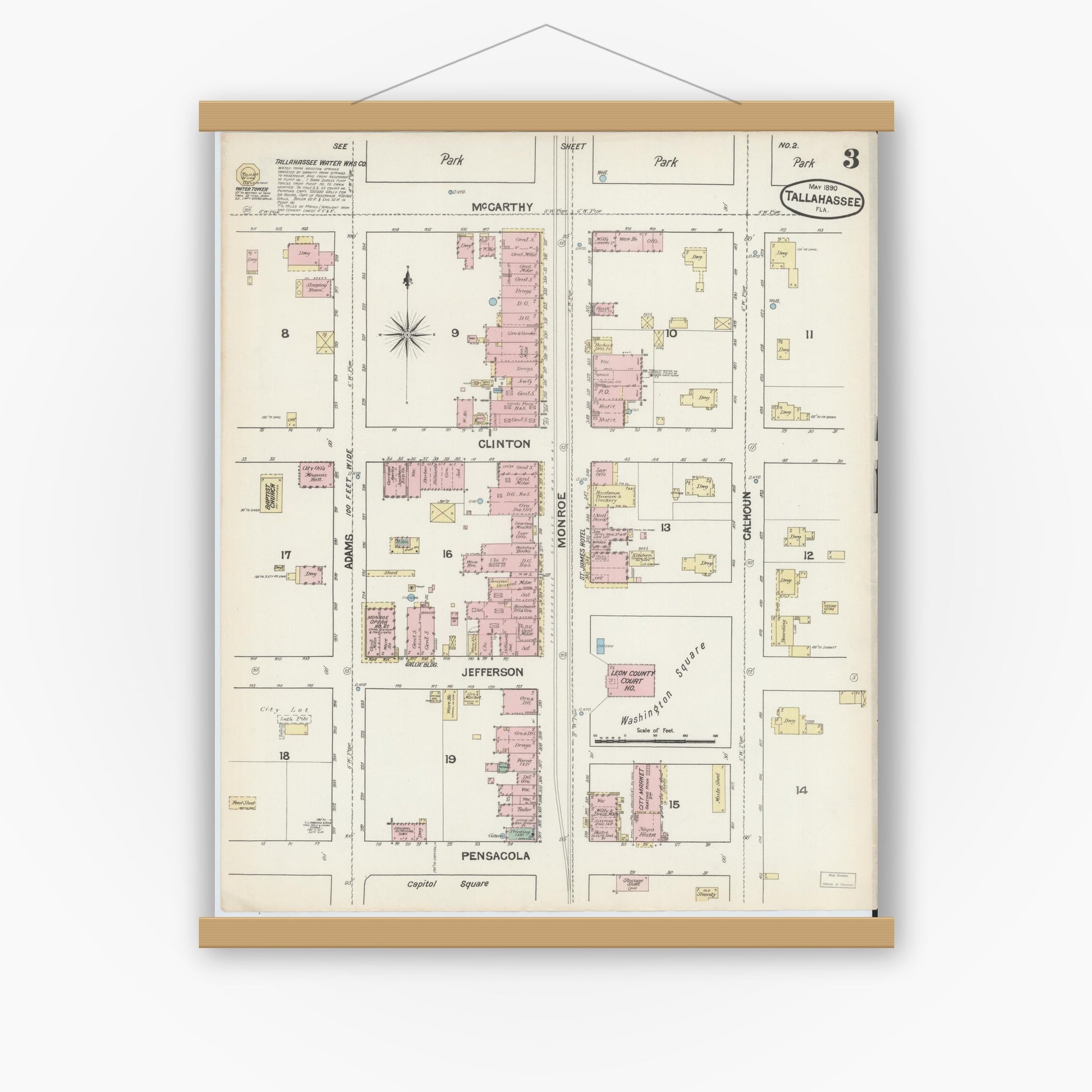 Old map wall art mockup — magnetic wood frame on white wall — Sanborn Fire Insurance Map from Tallahassee, Leon County, Florida (1890), Sheet #0003