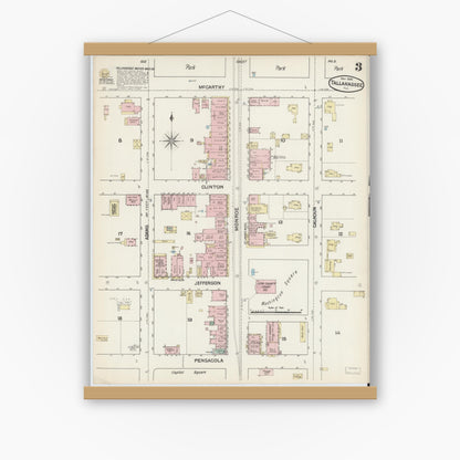 Old map wall art mockup — magnetic wood frame on white wall — Sanborn Fire Insurance Map from Tallahassee, Leon County, Florida (1890), Sheet #0003