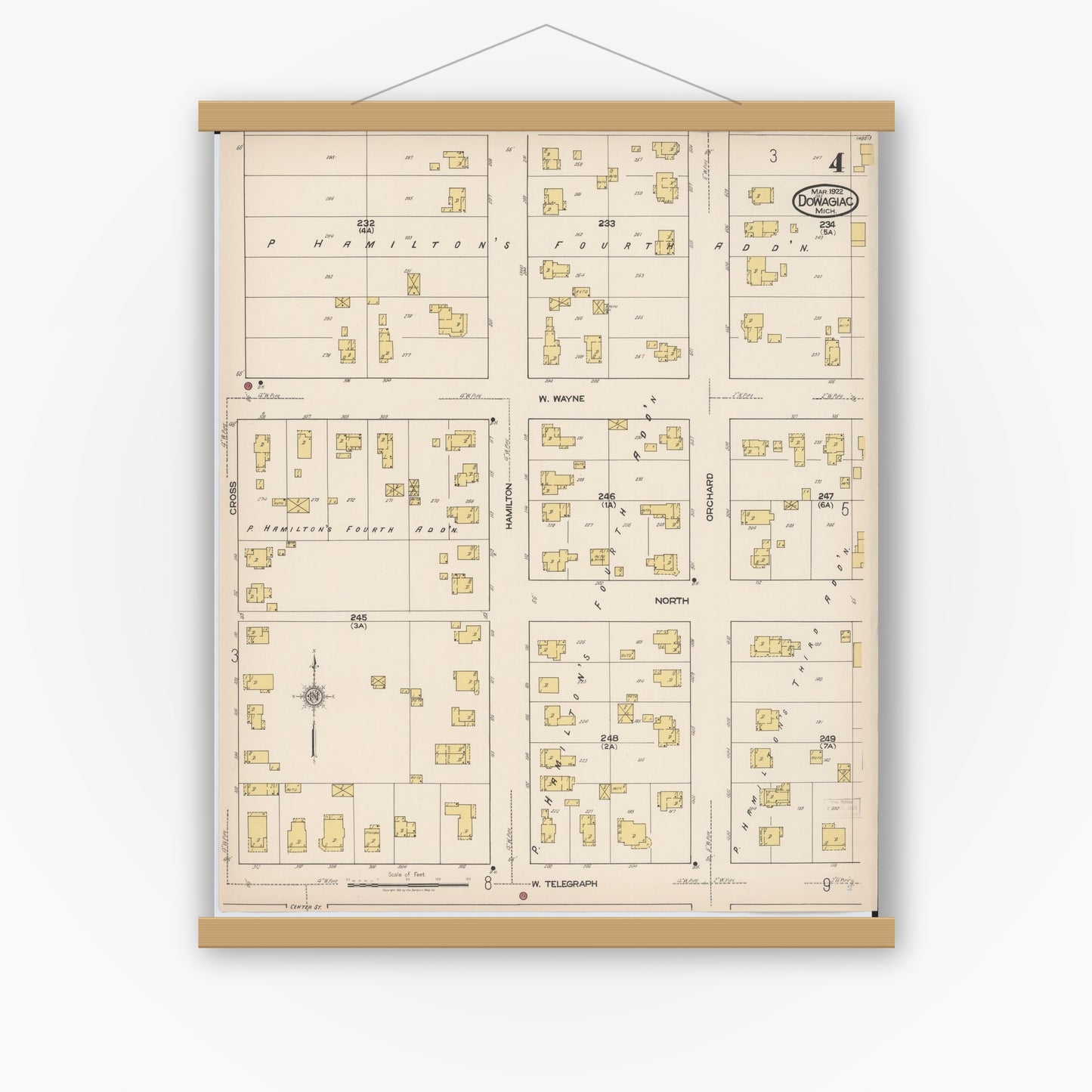 Old map wall art mockup — magnetic wood frame on white wall — Sanborn Fire Insurance Map from Dowagiac, Cass County, Michigan (1922), Sheet #0004