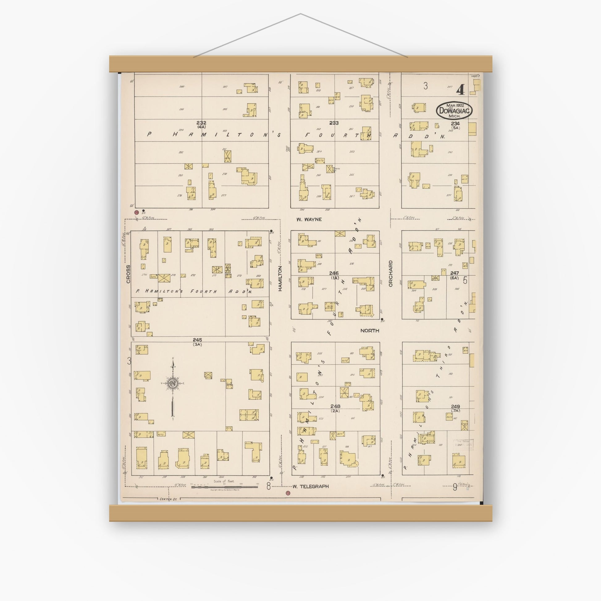 Old map wall art mockup — magnetic wood frame on white wall — Sanborn Fire Insurance Map from Dowagiac, Cass County, Michigan (1922), Sheet #0004