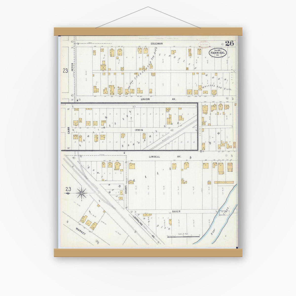 Old map wall art mockup — magnetic wood frame on white wall — Sanborn Fire Insurance Map from Hannibal, Marion County, Missouri (1899), Sheet #0026