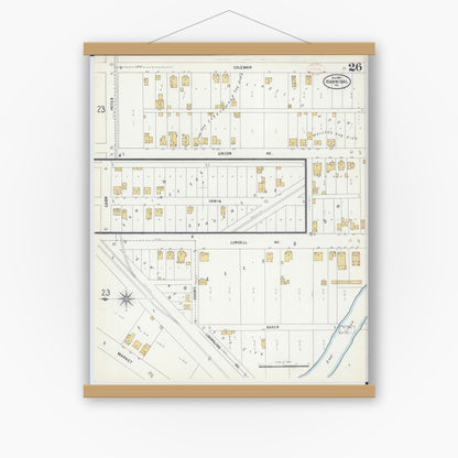 Old map wall art mockup — magnetic wood frame on white wall — Sanborn Fire Insurance Map from Hannibal, Marion County, Missouri (1899), Sheet #0026