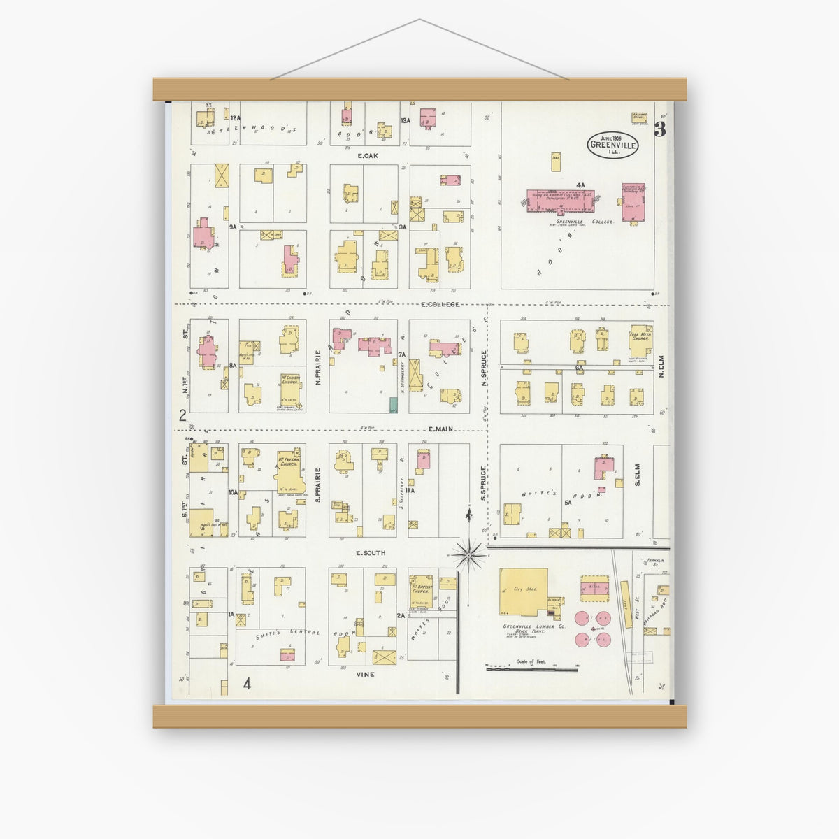 Old map wall art mockup — magnetic wood frame on white wall — Sanborn Fire Insurance Map from Greenville, Bond County, Illinois (1906), Sheet #0003