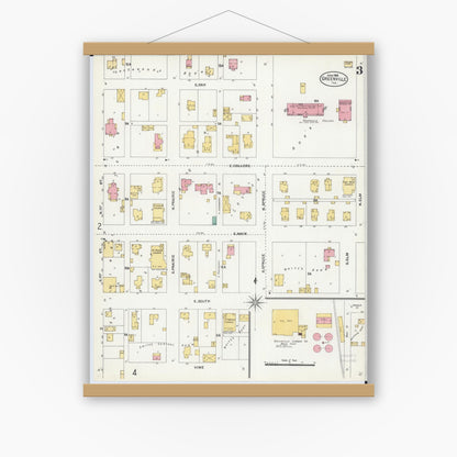 Old map wall art mockup — magnetic wood frame on white wall — Sanborn Fire Insurance Map from Greenville, Bond County, Illinois (1906), Sheet #0003