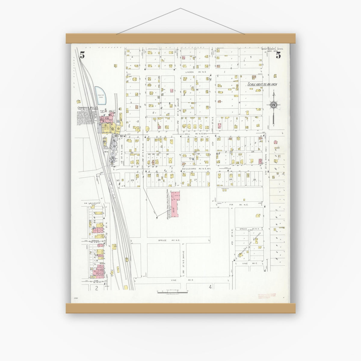 Old map wall art mockup — magnetic wood frame on white wall — Sanborn Fire Insurance Map from Montgomery, Le Sueur  County, Minnesota (1938), Sheet #0005