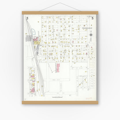 Old map wall art mockup — magnetic wood frame on white wall — Sanborn Fire Insurance Map from Montgomery, Le Sueur  County, Minnesota (1938), Sheet #0005