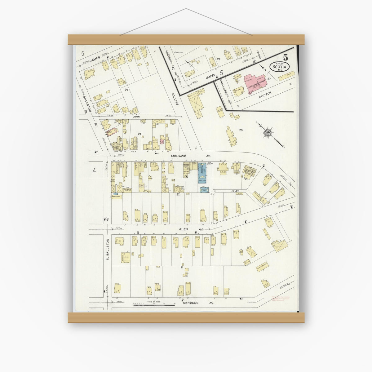 Old map wall art mockup — magnetic wood frame on white wall — Sanborn Fire Insurance Map from Scotia, Schenectady County, New York (1914), Sheet #0005
