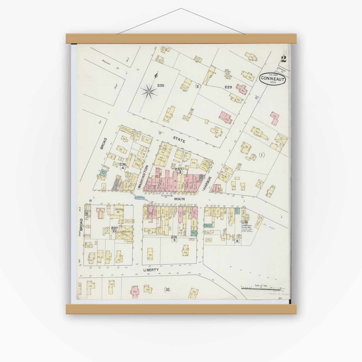 Old map wall art mockup — magnetic wood frame on white wall — Sanborn Fire Insurance Map from Conneaut, Ashtabula County, Ohio (1889), Sheet #0002