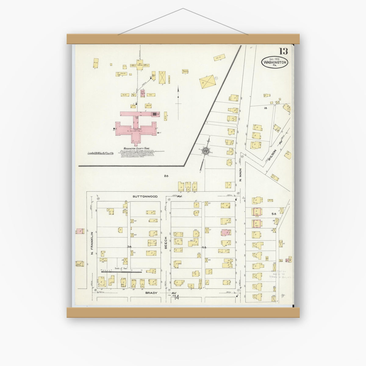Old map wall art mockup — magnetic wood frame on white wall — Sanborn Fire Insurance Map from Washington, Washington County, Pennsylvania (1909), Sheet #0013