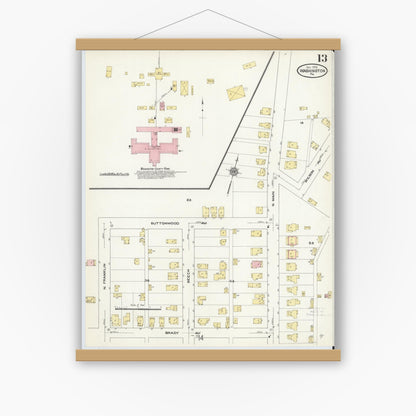 Old map wall art mockup — magnetic wood frame on white wall — Sanborn Fire Insurance Map from Washington, Washington County, Pennsylvania (1909), Sheet #0013