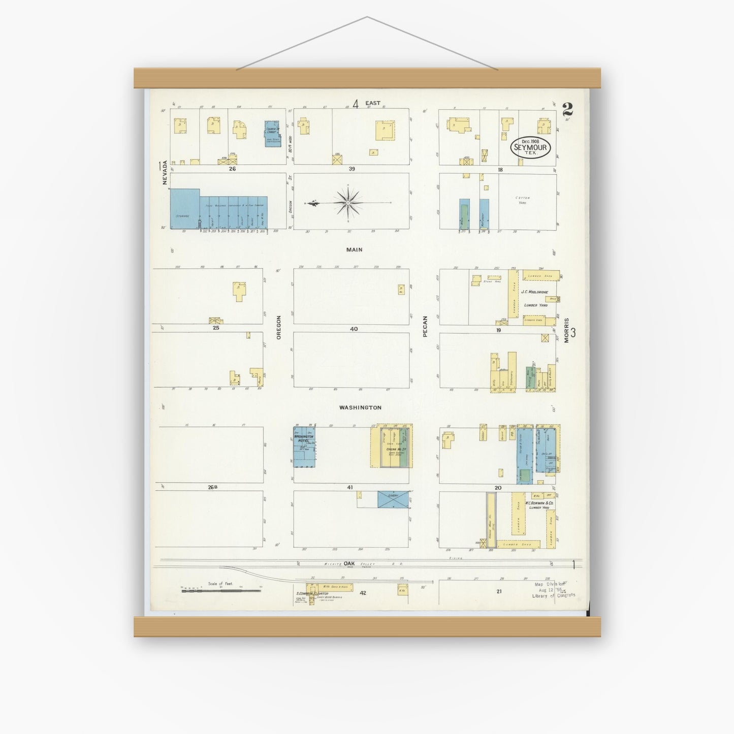Old map wall art mockup — magnetic wood frame on white wall — Sanborn Fire Insurance Map from Seymour, Baylor County, Texas (1908), Sheet #0002