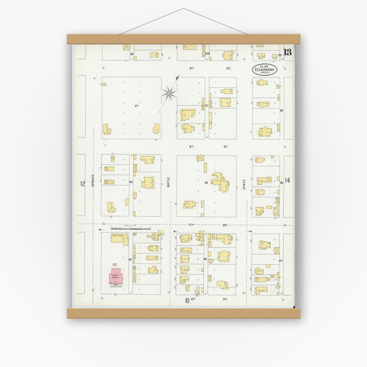Old map wall art mockup — magnetic wood frame on white wall — Sanborn Fire Insurance Map from Texarkana, Bowie County, Texas (1900), Sheet #0013