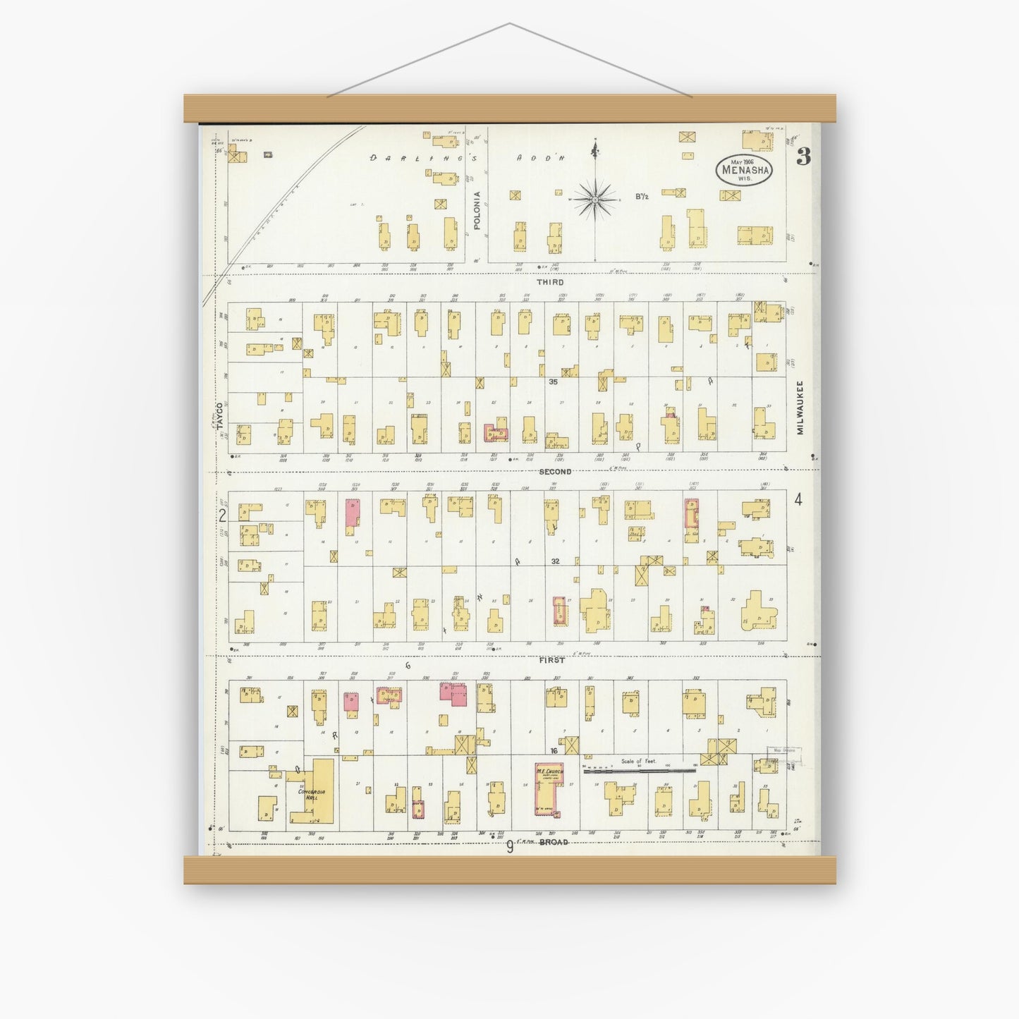 Old map wall art mockup — magnetic wood frame on white wall — Sanborn Fire Insurance Map from Menasha, Winnebago County, Wisconsin (1906), Sheet #0003