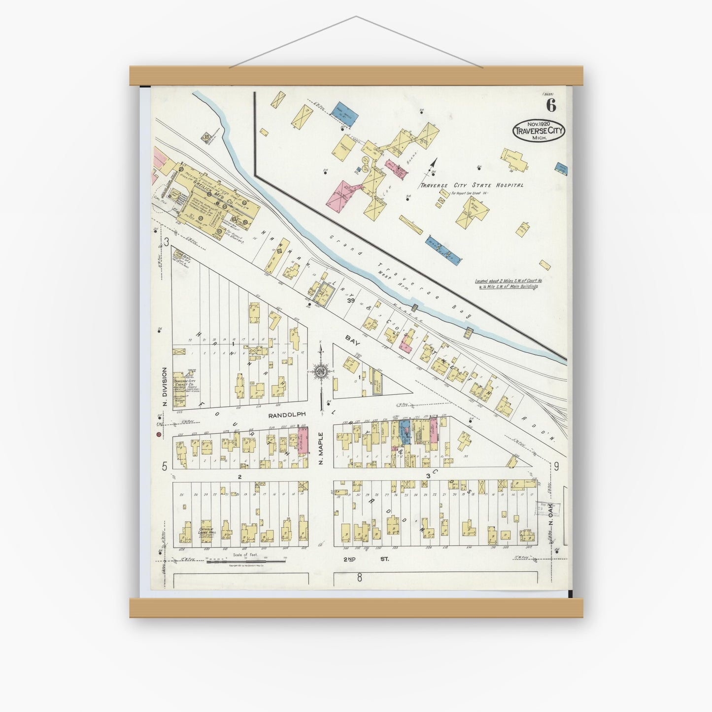 Old map wall art mockup — magnetic wood frame on white wall — Sanborn Fire Insurance Map from Traverse City, Grand Traverse County, Michigan (1920), Sheet #0006