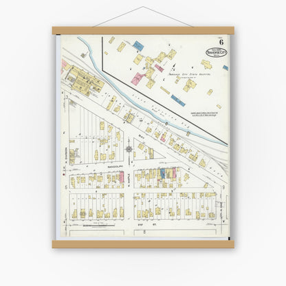 Old map wall art mockup — magnetic wood frame on white wall — Sanborn Fire Insurance Map from Traverse City, Grand Traverse County, Michigan (1920), Sheet #0006