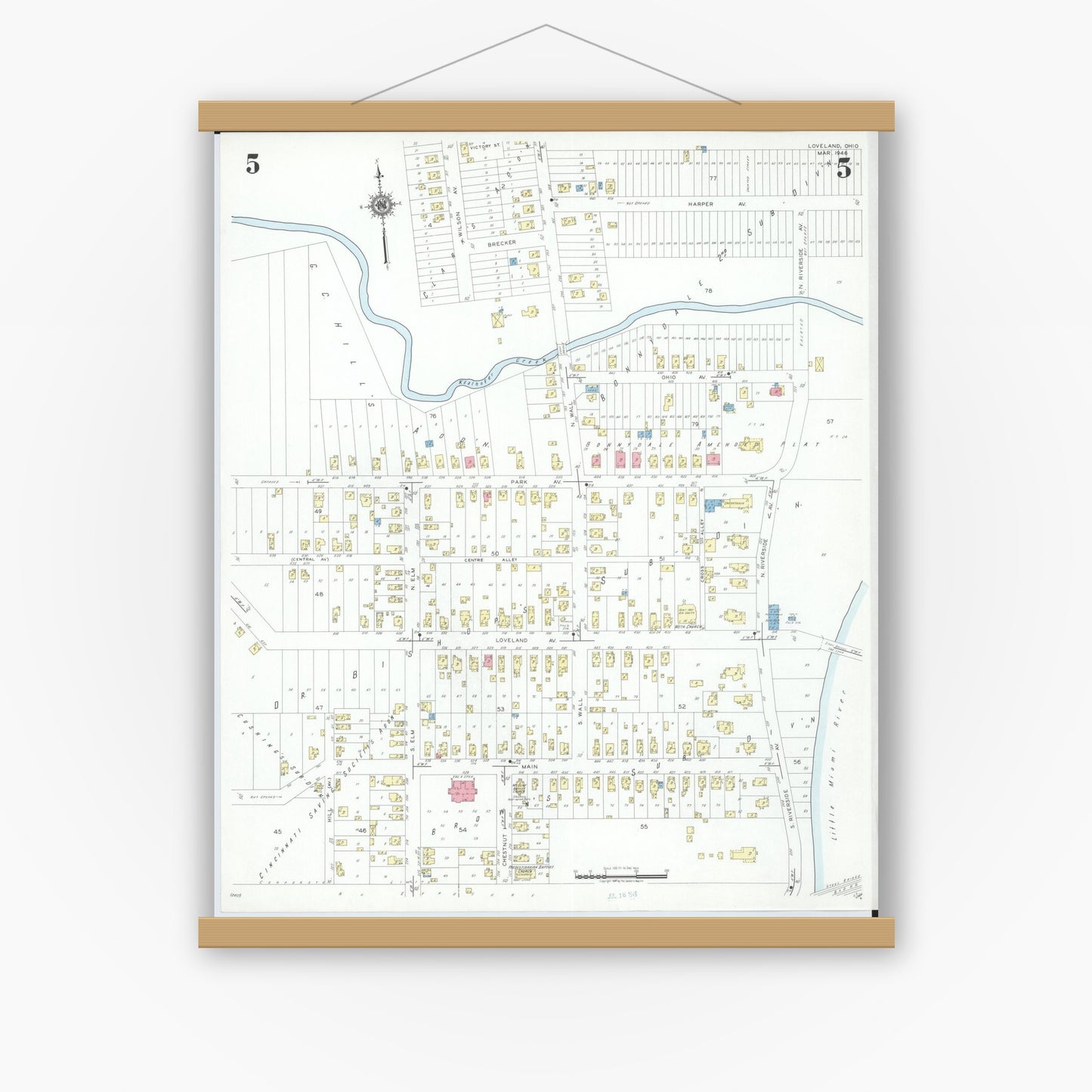 Old map wall art mockup — magnetic wood frame on white wall — Sanborn Fire Insurance Map from Loveland, Clermont, Hamilton, And Warren County, Ohio (1946), Sheet #0005