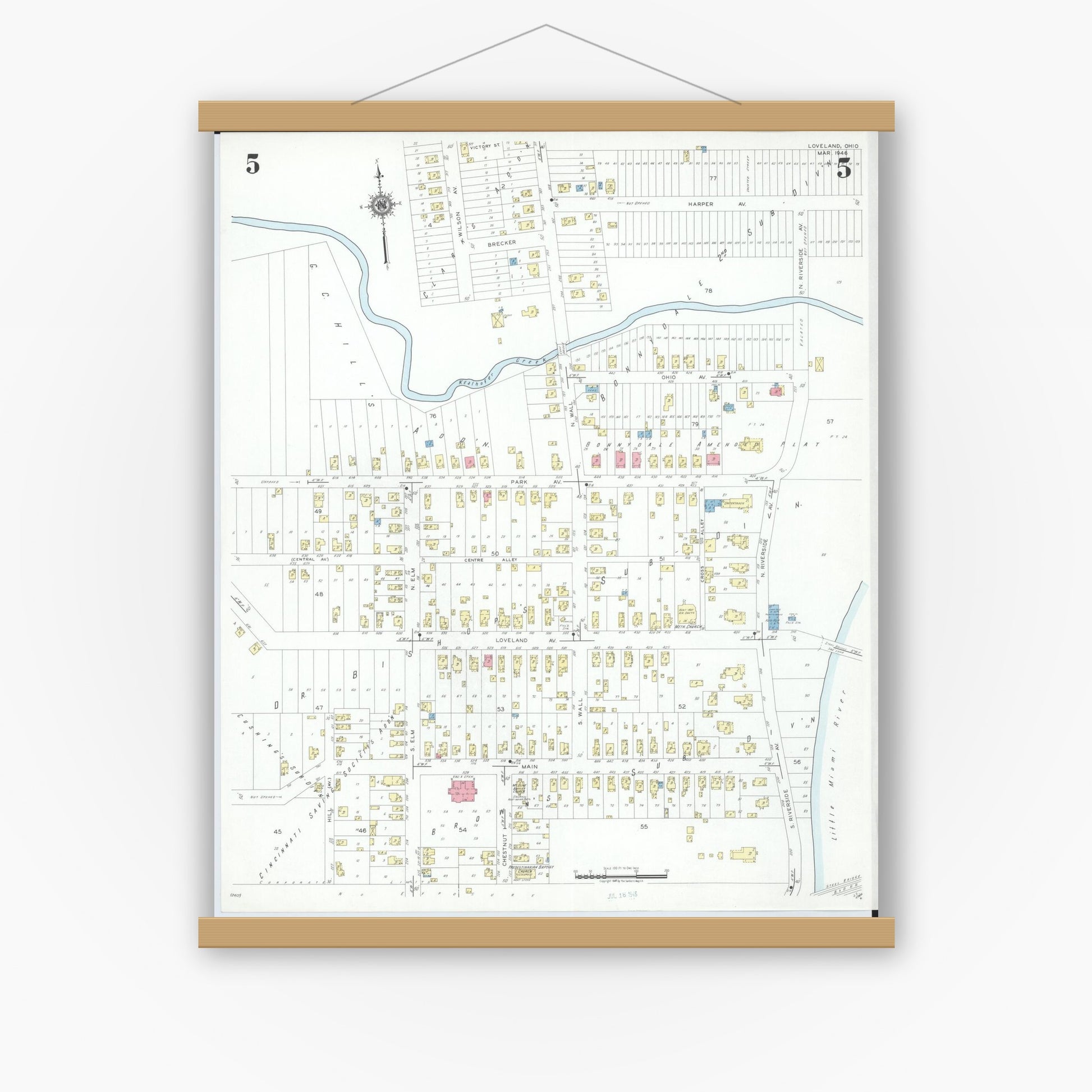 Old map wall art mockup — magnetic wood frame on white wall — Sanborn Fire Insurance Map from Loveland, Clermont, Hamilton, And Warren County, Ohio (1946), Sheet #0005
