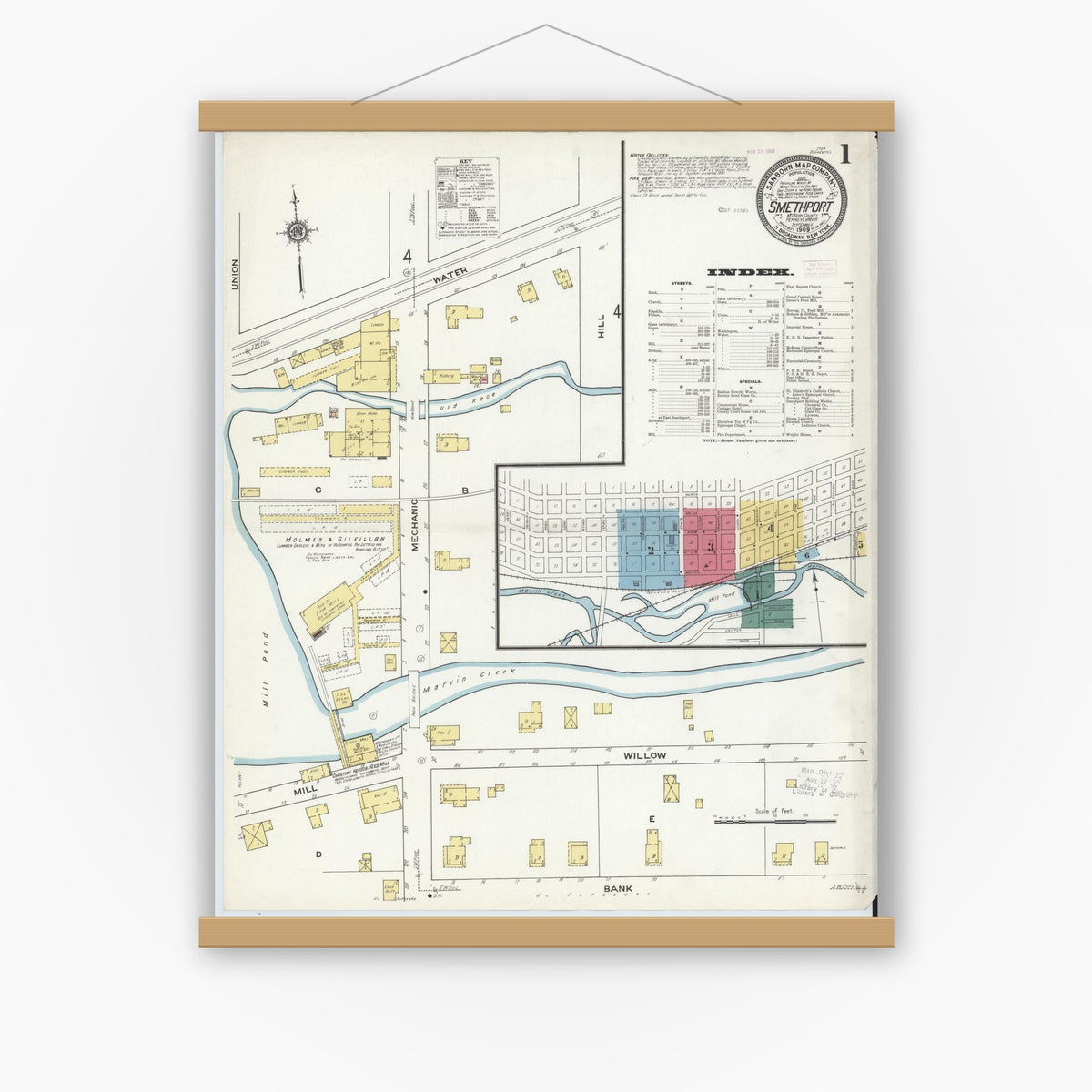 Old map wall art mockup — magnetic wood frame on white wall — Sanborn Fire Insurance Map from Smethport, McKean County, Pennsylvania (1909) - Complete Map Set