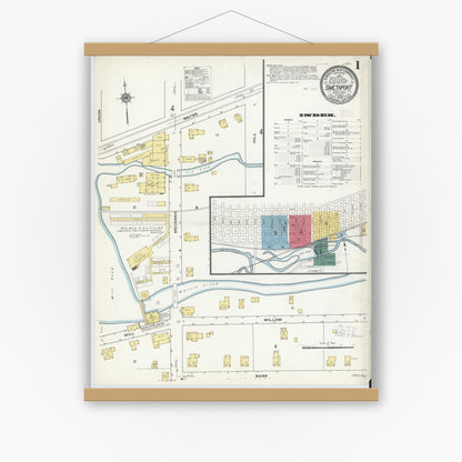 Old map wall art mockup — magnetic wood frame on white wall — Sanborn Fire Insurance Map from Smethport, McKean County, Pennsylvania (1909) - Complete Map Set